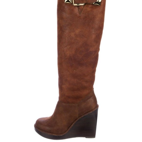 9.5 Brown Shearling Michael Kors Wedge Knee Boots - Picture 1 of 5